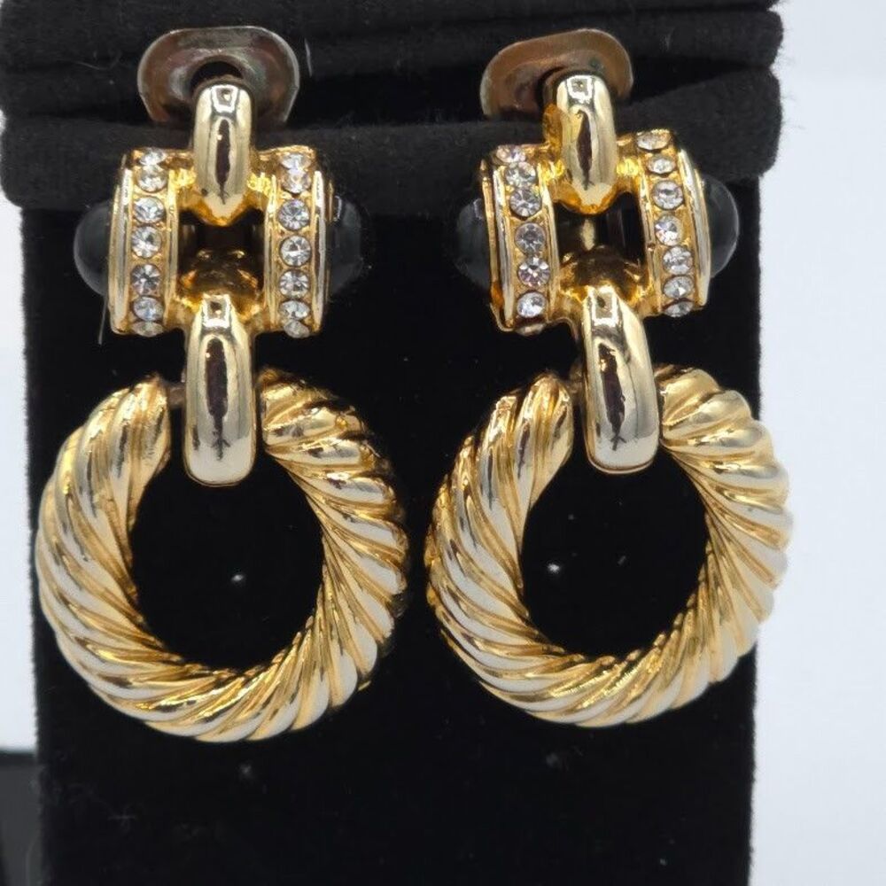 Vintage Gold Door Knocker Crystals Cabochon Clip on Earrings Unsigned